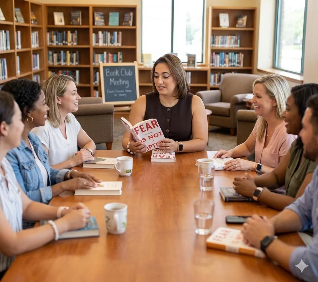 Olga leading a book club conversation around a table